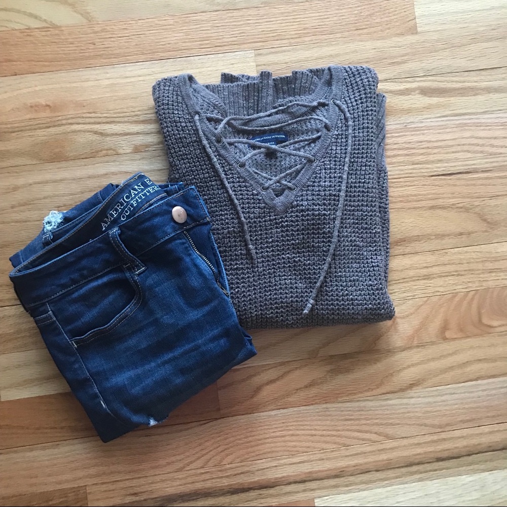 American Eagle Lace Up V-Neck Knit Sweater - Small